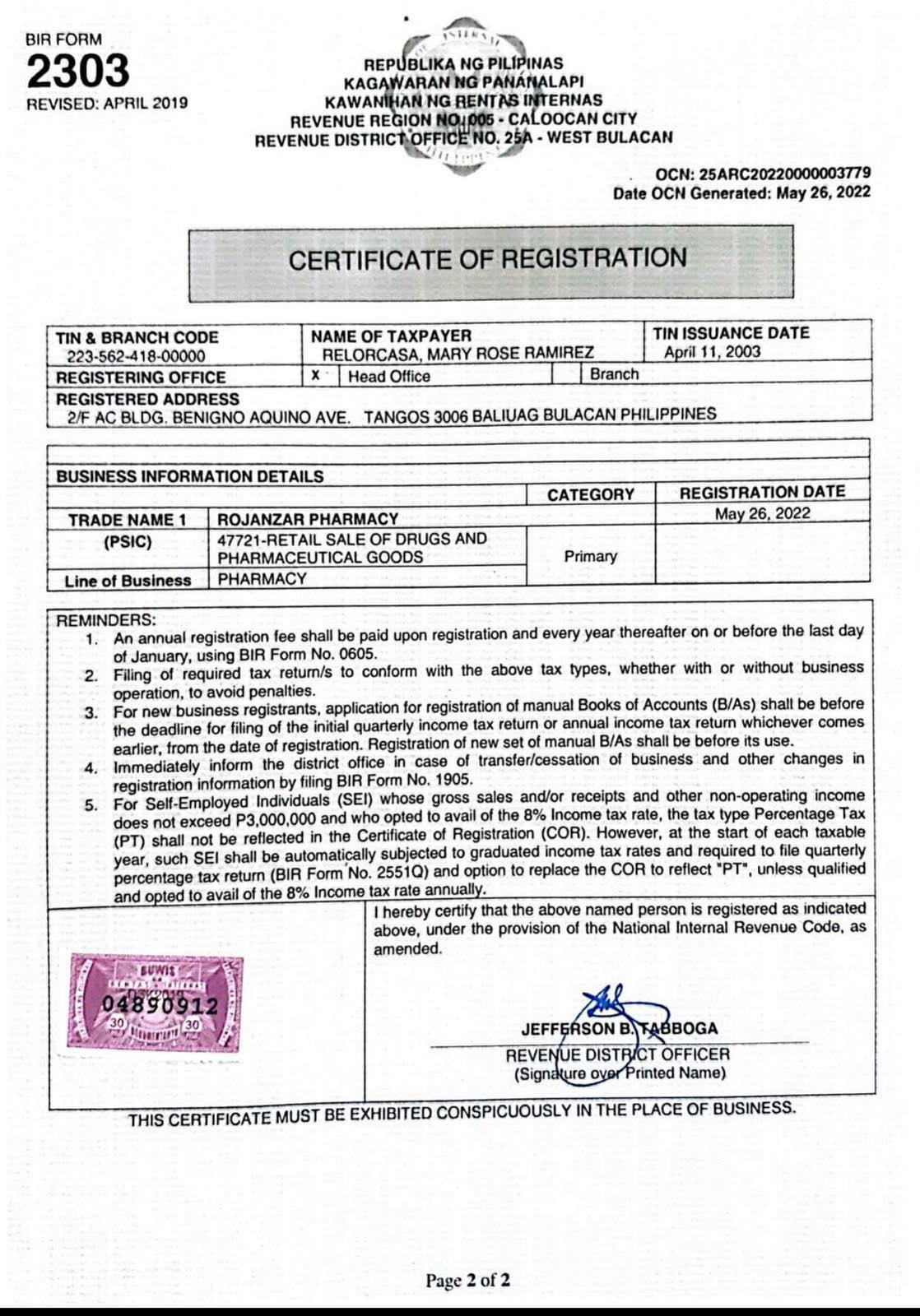 BIR Certificate of Registration Form 2303