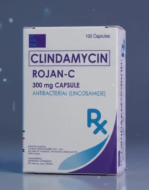 3D render of a single ROJAN-C Clindamycin 300mg Capsule box, 100 capsules